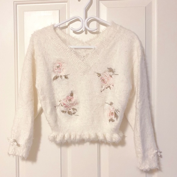 Liz Lisa Sweaters - Liz Lisa Fluffy Faux Angora Rose Embroidered Sweater Kawaii Soft Fuzzy Ruffle
